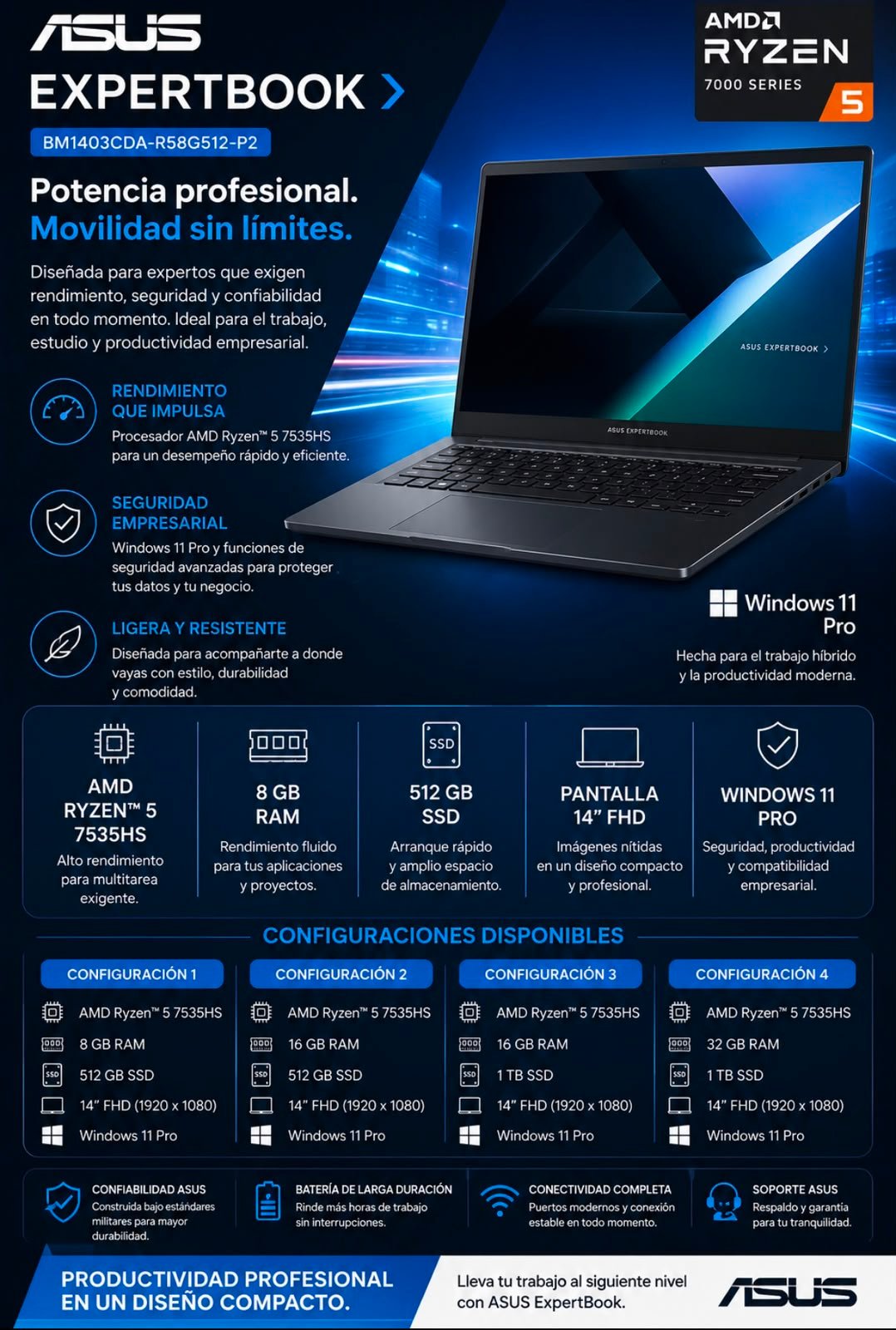 Laptop ASUS ExpertBook BM1403CDA - Múltiples Configuraciones